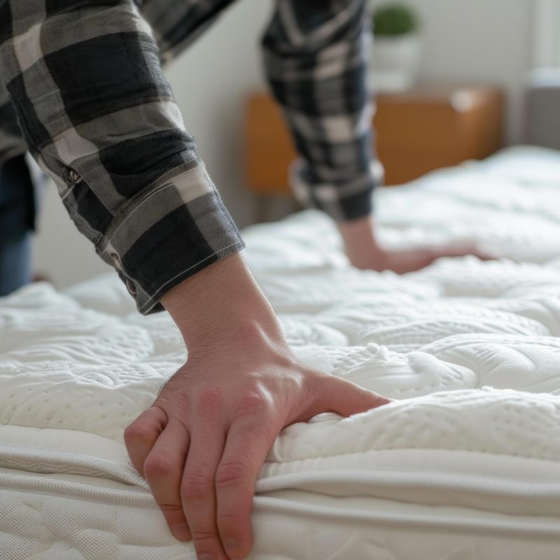 persona comprobando la firmeza de un colchón en dormitorio