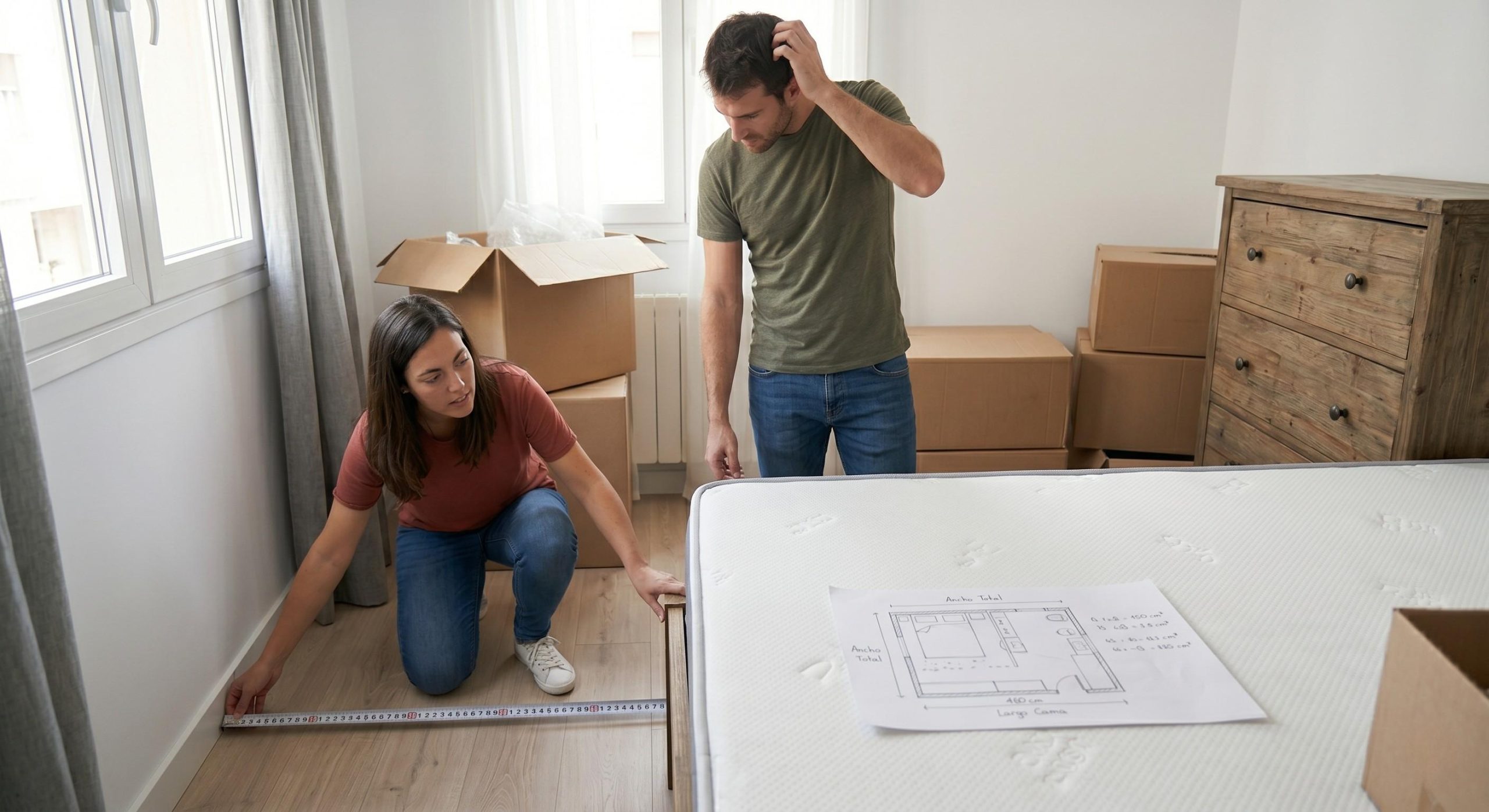 Pareja midiendo el espacio antes de elegir medidas de colchones para su habitación