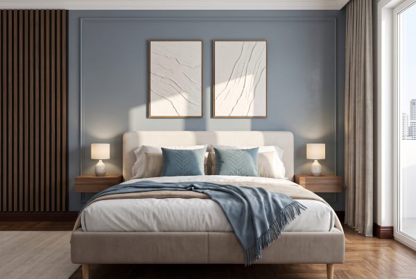 Habitación en tonos azules, uno de los colores que ayudan a dormir mejor