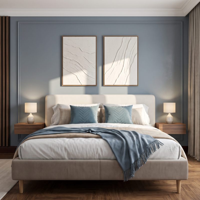 Habitación en tonos azules, uno de los colores que ayudan a dormir mejor