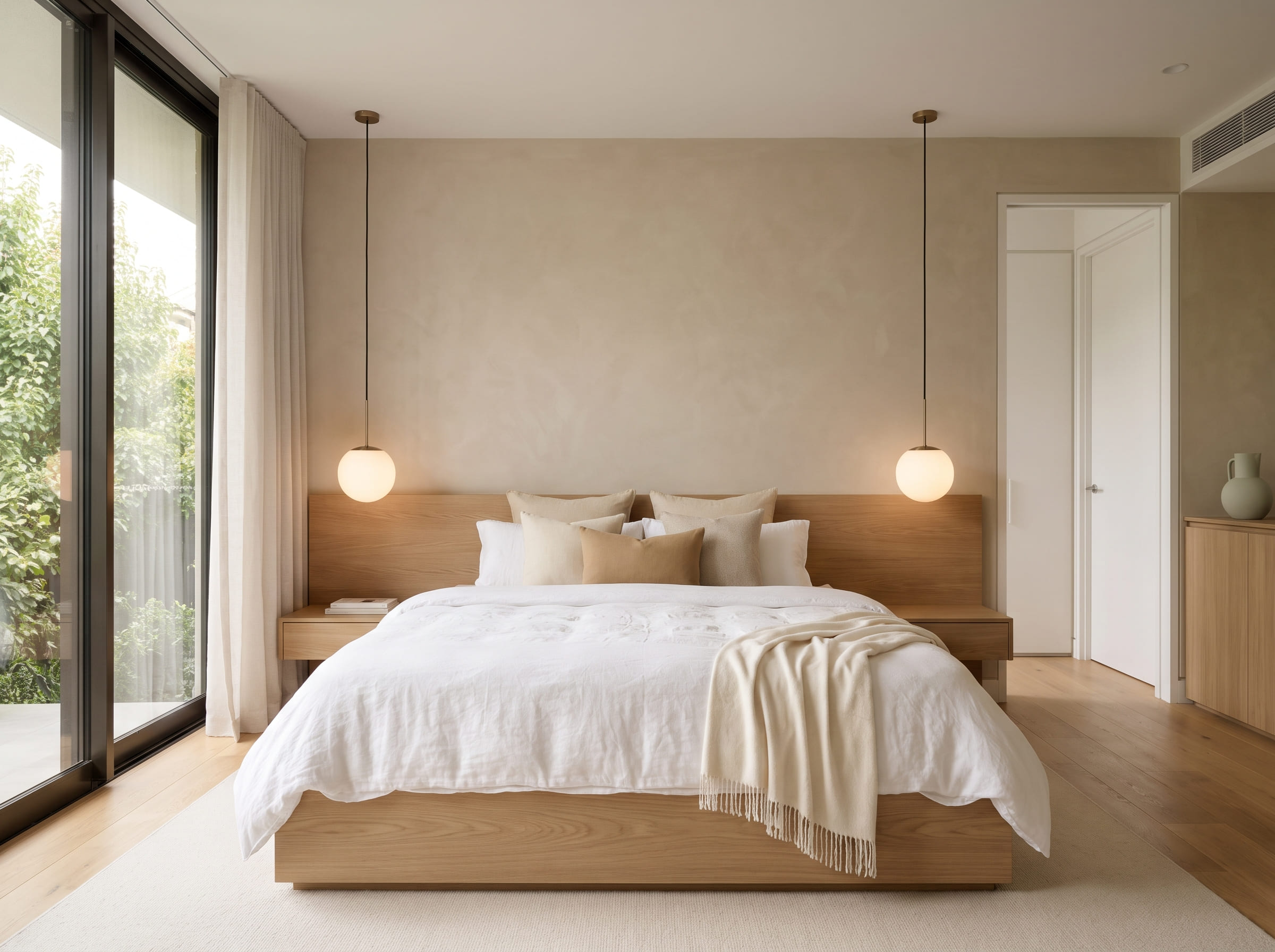 Dormitorio en beige y tonos tierra que ayudan a dormir mejor